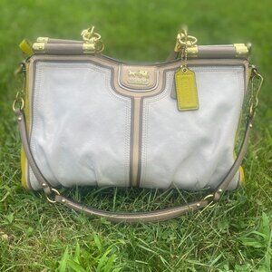 COACH Leather Madison Colorblock Carrie Bag Ivory, Taupe and  Chartreuse #22271